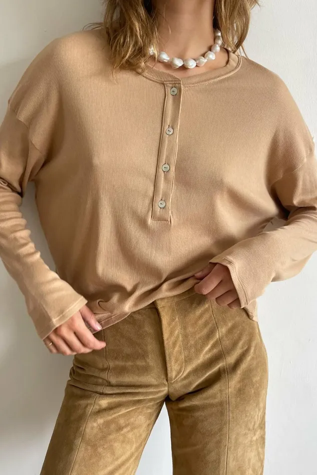DONNI Rib Henley Long Sleeve Women Tops