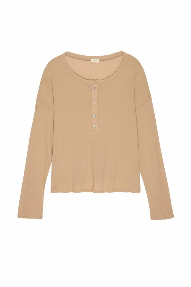 DONNI Rib Henley Long Sleeve Women Tops