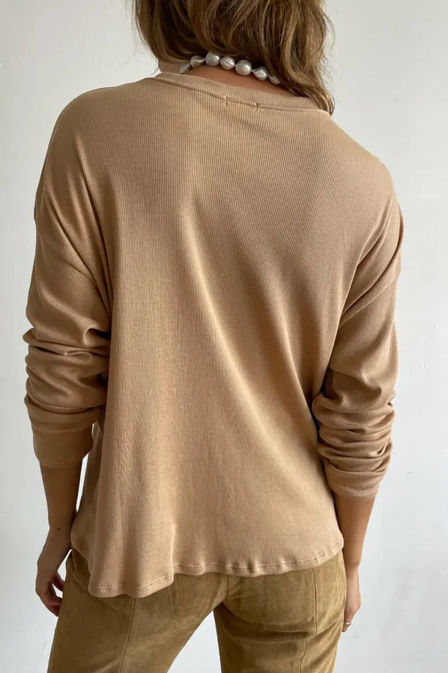DONNI Rib Henley Long Sleeve Women Tops