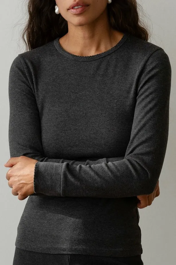 DONNI The Baby Rib Scallop Long Sleeve Women Tops