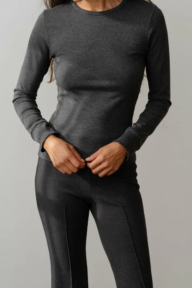 DONNI The Baby Rib Scallop Long Sleeve Women Tops
