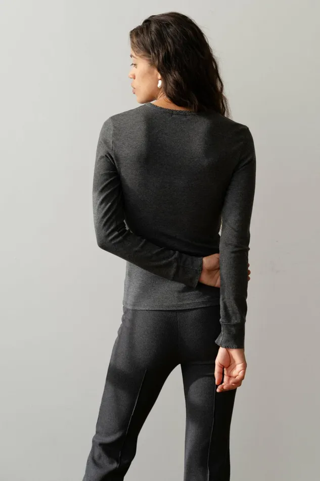 DONNI The Baby Rib Scallop Long Sleeve Women Tops