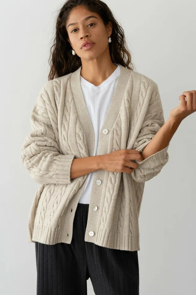 DONNI The Cable VNeck Cardigan Women Sweaters