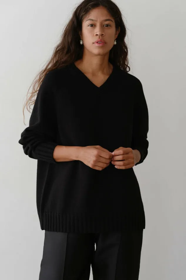 DONNI The Cotton Cashmere VNeck Sweater Women Tops