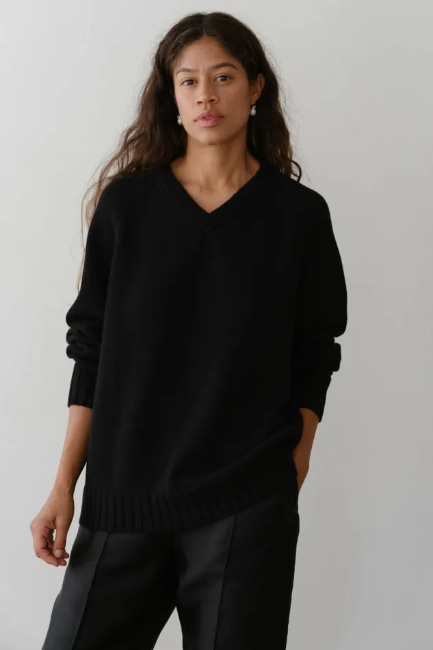 DONNI The Cotton Cashmere VNeck Sweater Women Tops
