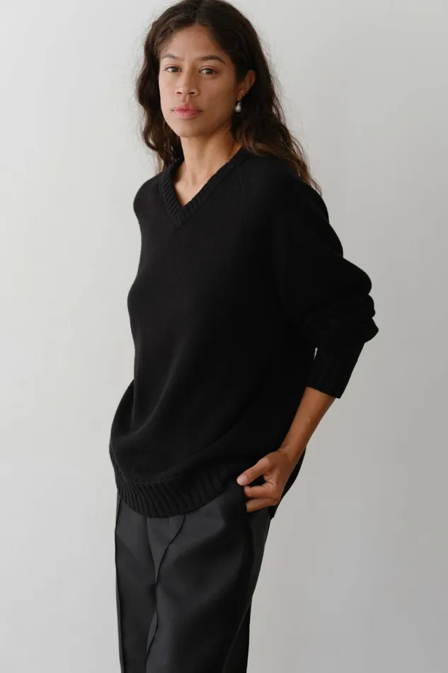 DONNI The Cotton Cashmere VNeck Sweater Women Tops
