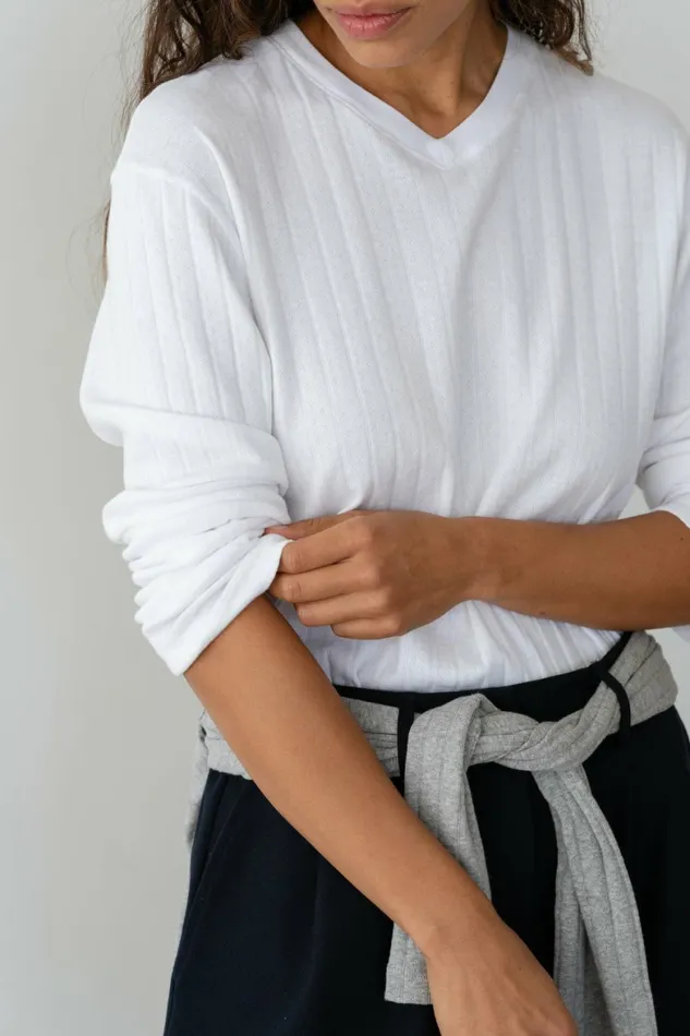 DONNI The Pointelle VNeck Long Sleeve Women Tops