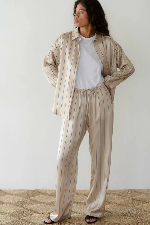 DONNI The Silk Pinstripe Drawstring Pant Women Bottoms