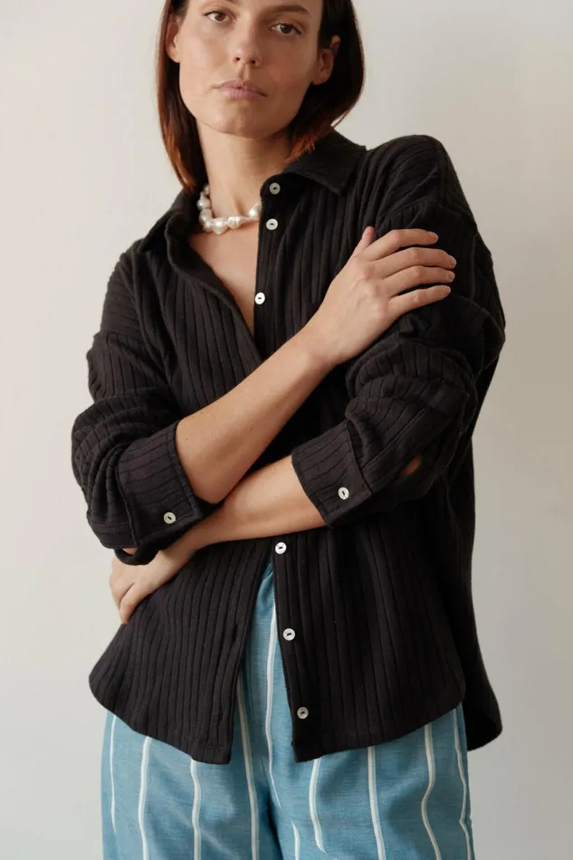 DONNI The Sweater Rib Button Down Women Tops