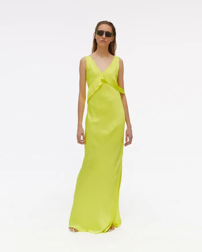 Dresses Women Helmut Lang Long Double Satin Sash Dress Neon Yellow