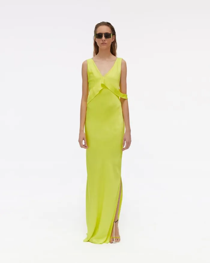 Dresses Women Helmut Lang Long Double Satin Sash Dress Neon Yellow