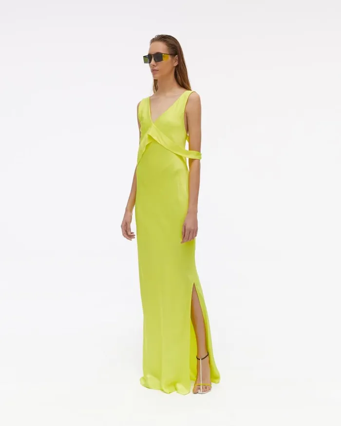 Dresses Women Helmut Lang Long Double Satin Sash Dress Neon Yellow