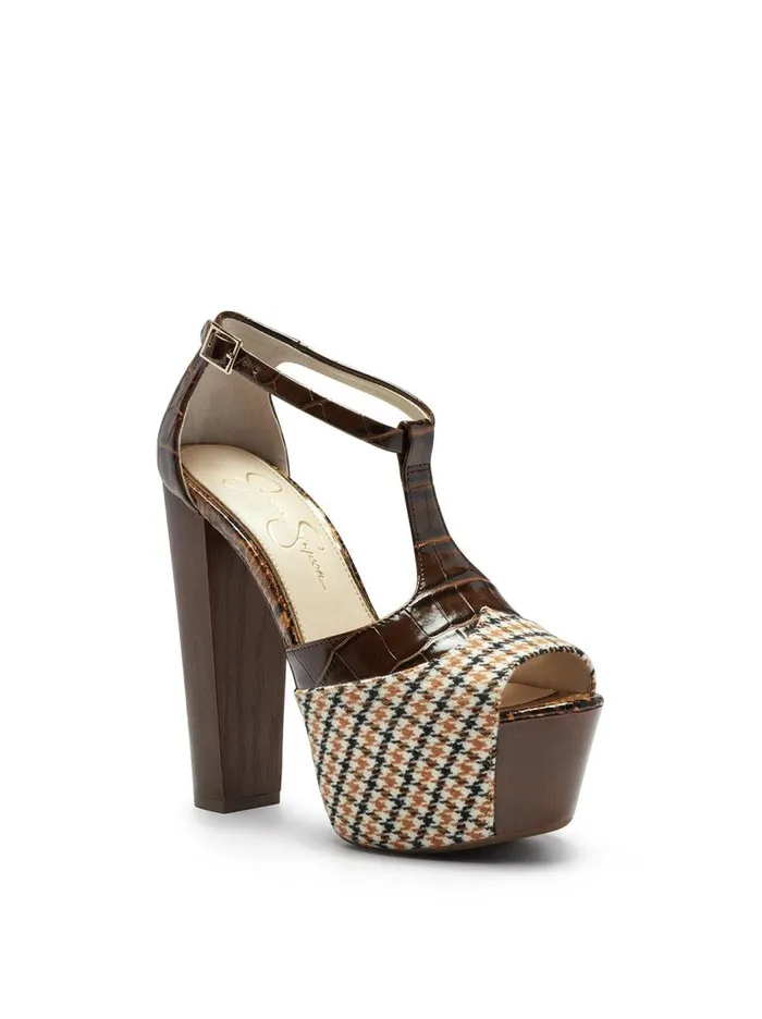 Jessica Simpson Platforms Women Dany TStrap Platform Sandal In Houndstooth Mustard And Brown Crocodile