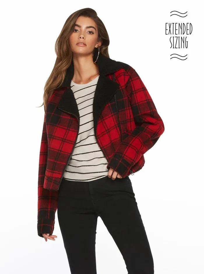 Jessica Simpson Sweaters Women Fleetwood Plaid Moto Jacket Rio Red Plaid