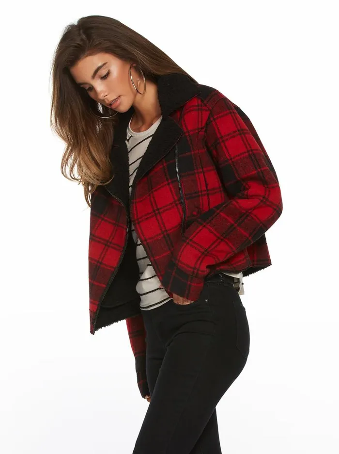 Jessica Simpson Sweaters Women Fleetwood Plaid Moto Jacket Rio Red Plaid