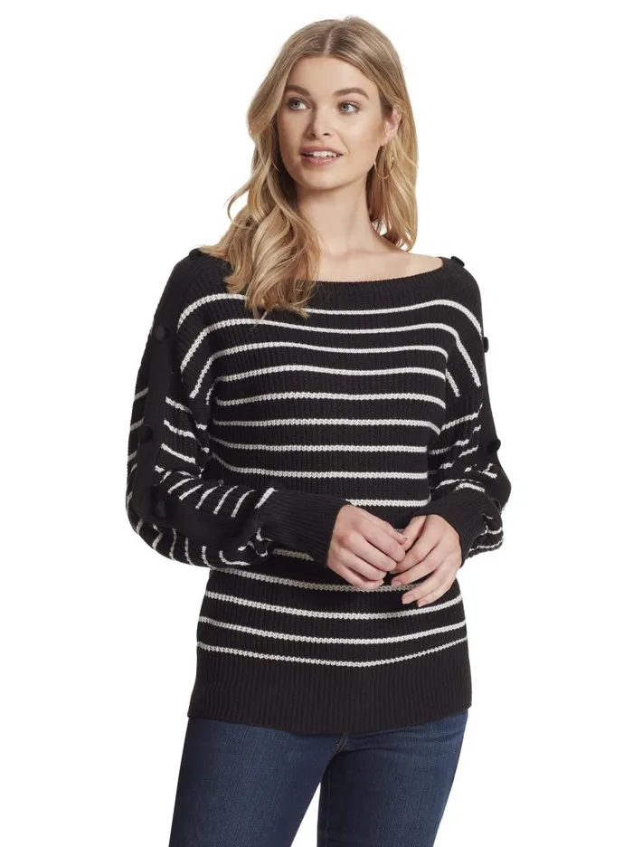 Jessica Simpson Tops Women Adley Sweater In Black and Gardenia Stripe Black And Gardenia Stripe