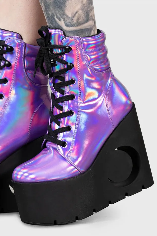 Killstar Diana Crescent Wedge Boots PURPLE HOLOGRAPHIC Women Platforms