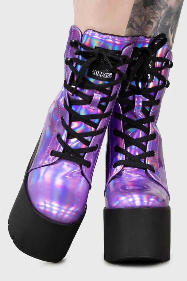 Killstar Diana Crescent Wedge Boots PURPLE HOLOGRAPHIC Women Platforms