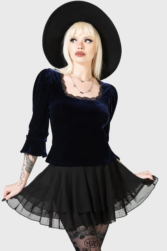 Killstar Dottie Dottie Velvet Top BLUE Women Long Sleeves