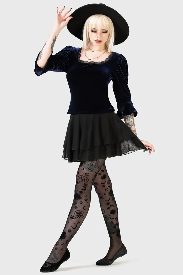 Killstar Dottie Dottie Velvet Top BLUE Women Long Sleeves
