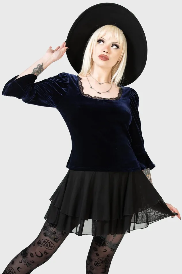 Killstar Dottie Dottie Velvet Top BLUE Women Long Sleeves
