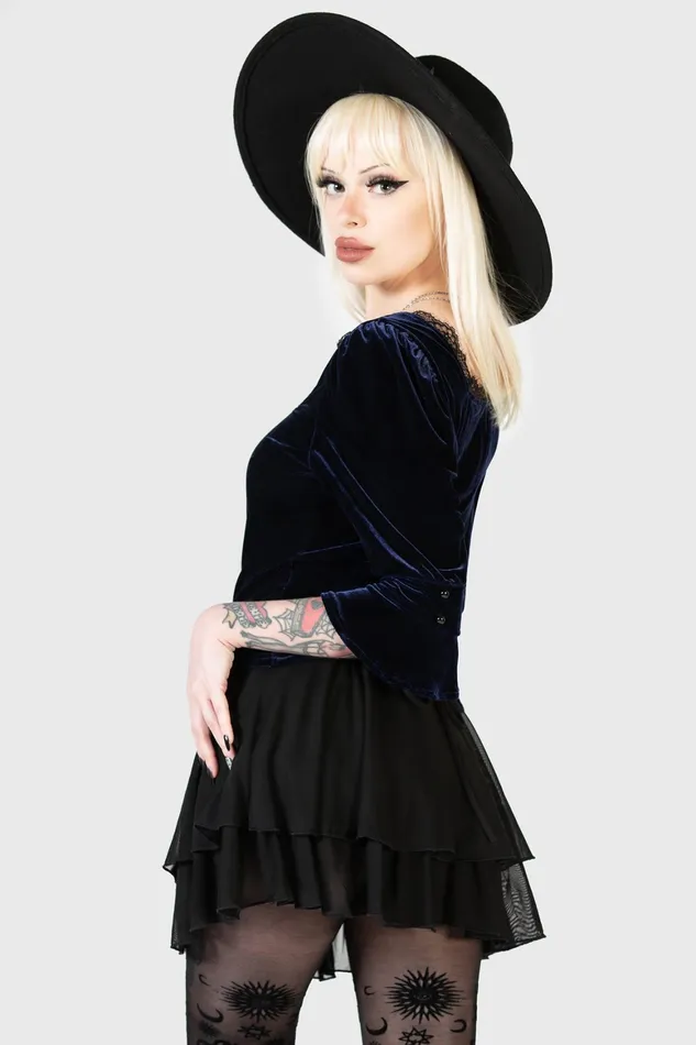 Killstar Dottie Dottie Velvet Top BLUE Women Long Sleeves
