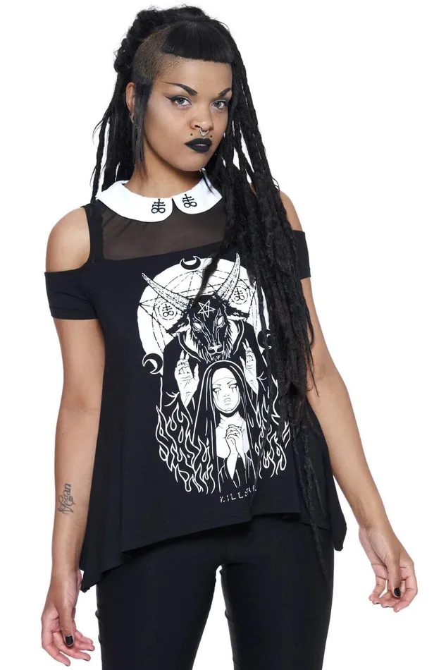 Killstar Nunsense Collar Cold Shoulder Top Women TShirts and Vests