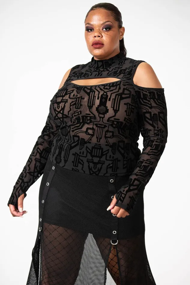 Killstar Tuned Out Mesh Cold Shoulder Top Women Long Sleeves