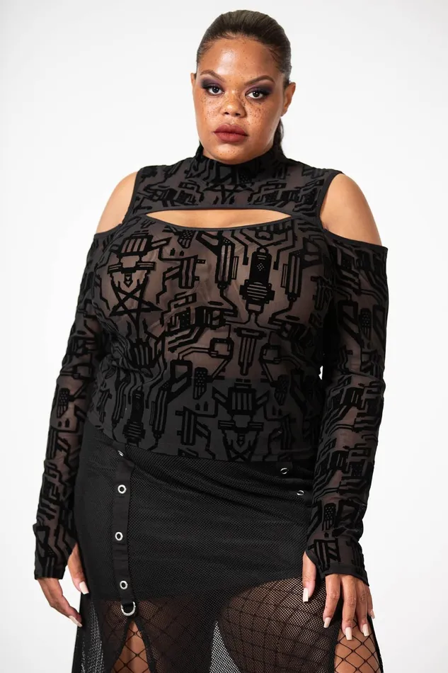 Killstar Tuned Out Mesh Cold Shoulder Top Women Long Sleeves