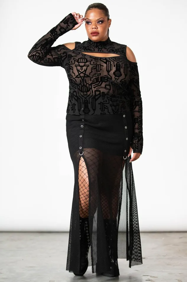 Killstar Tuned Out Mesh Cold Shoulder Top Women Long Sleeves