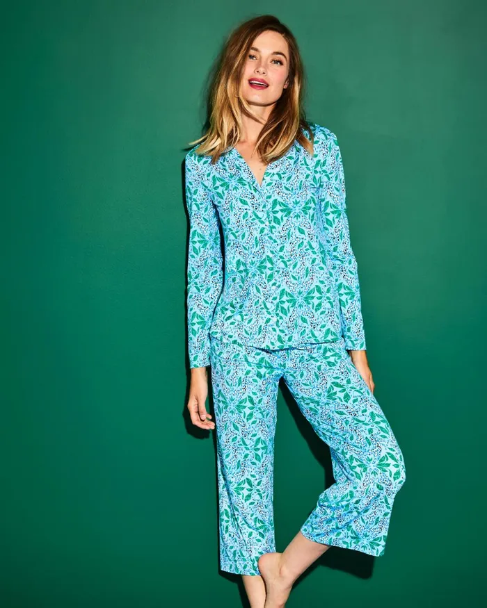 Lilly Pulitzer 24034 Pajama Crop Pant Bon Bon Blue Leapin Leopards Women Loungewear