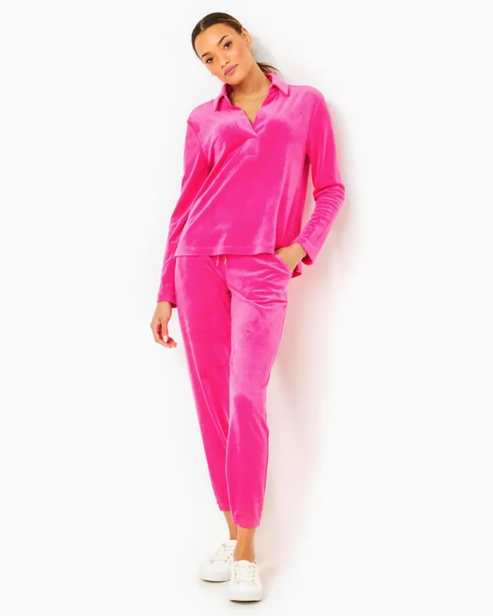 Lilly Pulitzer 28034 Mallie Velour Pant Pink Palms Women Bottoms