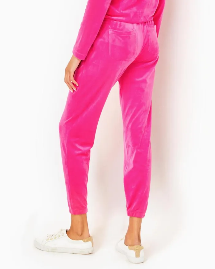 Lilly Pulitzer 28034 Mallie Velour Pant Pink Palms Women Bottoms