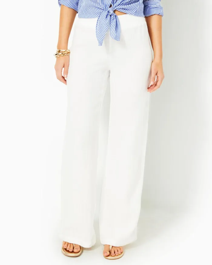 Lilly Pulitzer 31034 Deri Linen Palazzo Pant Resort White Women Bottoms