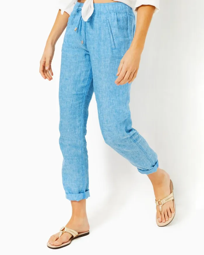 Lilly Pulitzer 31034 Taron MidRise Linen Pant Beckon Blue X Sea Salt Blue Women Bottoms