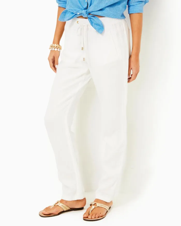 Lilly Pulitzer 31034 Taron Mid Rise Linen Pant Resort White Women Bottoms