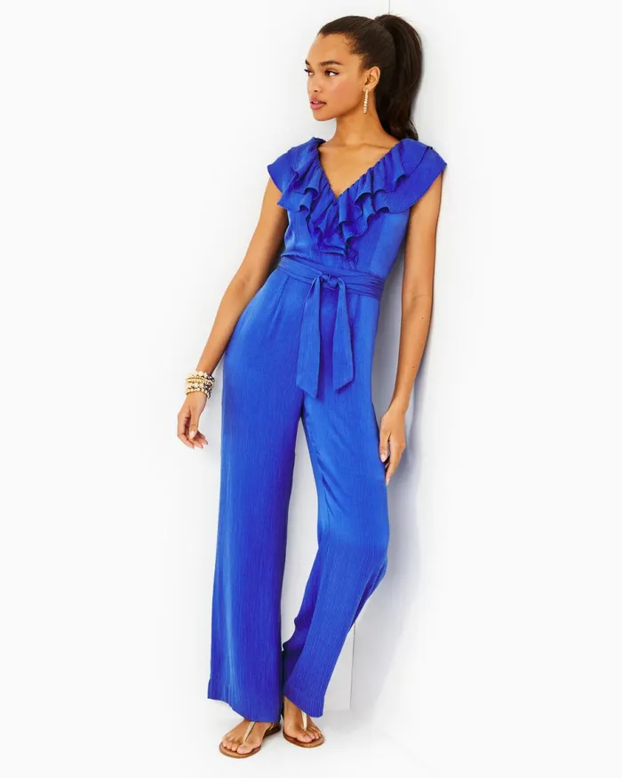 Lilly Pulitzer Amata Ruffle Jumpsuit Alba Blue Women Rompers and Jumpsuits