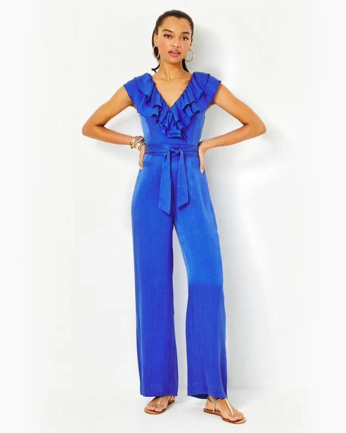 Lilly Pulitzer Amata Ruffle Jumpsuit Alba Blue Women Rompers and Jumpsuits