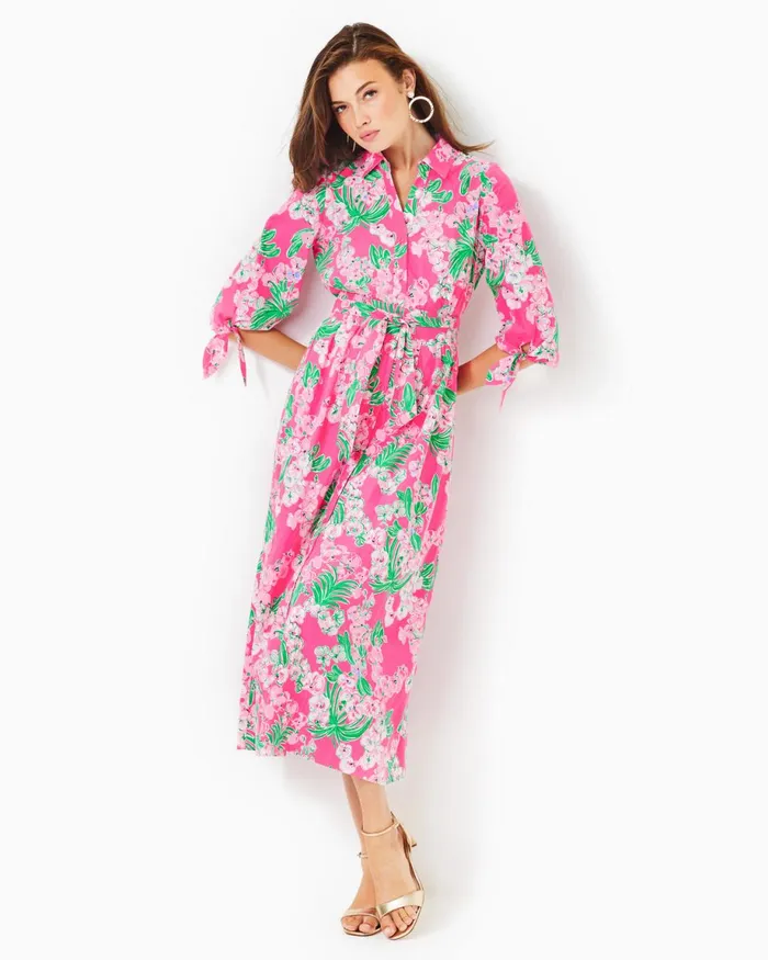 Lilly Pulitzer Amrita Cotton Midi Shirtdress Roxie Pink Worth A Look Women Fit and Flare Dresses