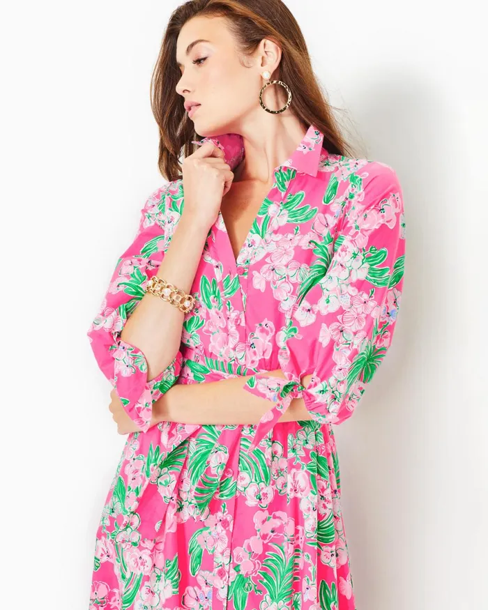Lilly Pulitzer Amrita Cotton Midi Shirtdress Roxie Pink Worth A Look Women Fit and Flare Dresses