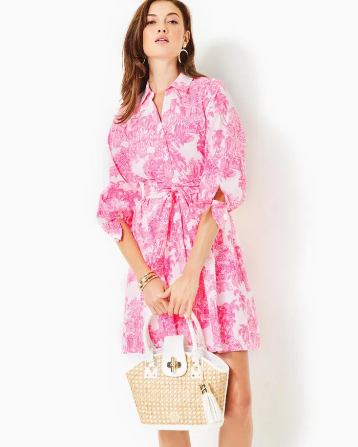 Lilly Pulitzer Amrita Cotton Shirtdress Resort White Pb Anniversary Toile Women Fit and Flare Dresses