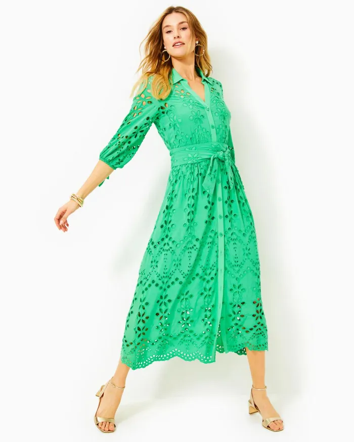 Lilly Pulitzer Amrita Eyelet Midi Dress Spearmint Soiree Eyelet Women Fit and Flare Dresses