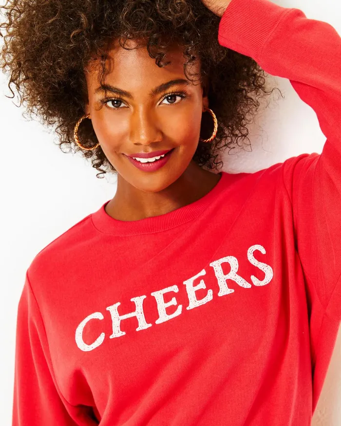 Lilly Pulitzer Ballad Cotton Sweatshirt Amaryllis Red Cheers Graphic Women Tops