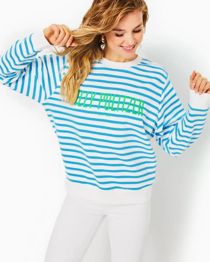 Lilly Pulitzer Ballad Cotton Sweatshirt Lunar Blue Striped Lilly Pulitzer Embroidered Sweat Women Tops