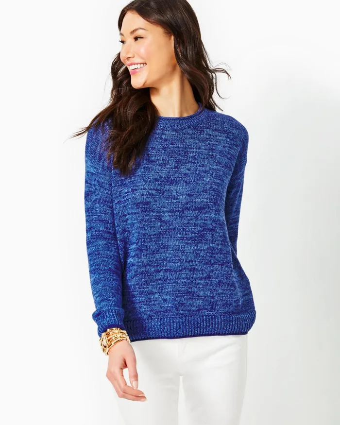Lilly Pulitzer Bayport Cotton Crew Sweater Aegean Navy Blue Marl Women Tops