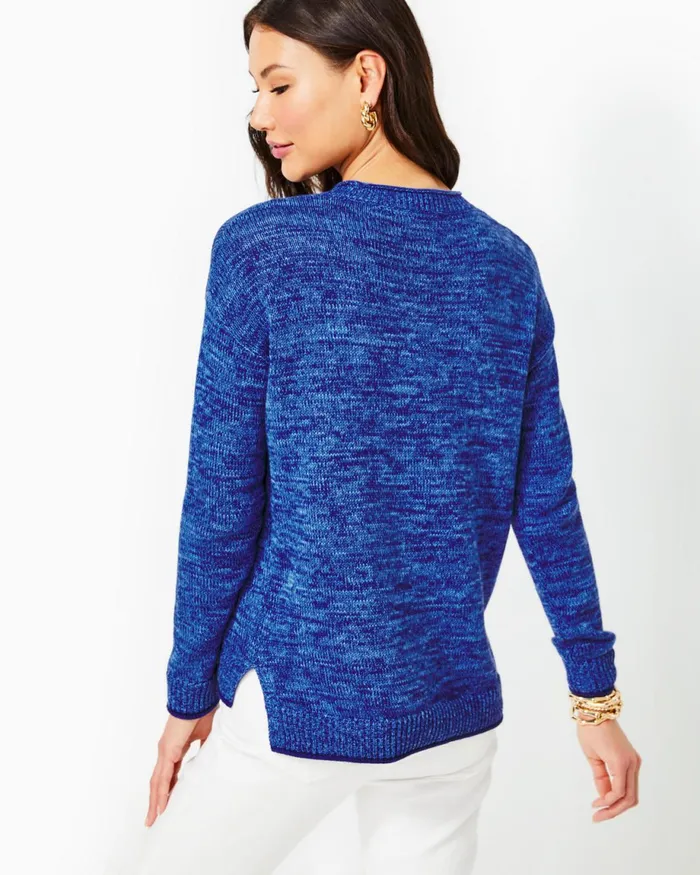 Lilly Pulitzer Bayport Cotton Crew Sweater Aegean Navy Blue Marl Women Tops