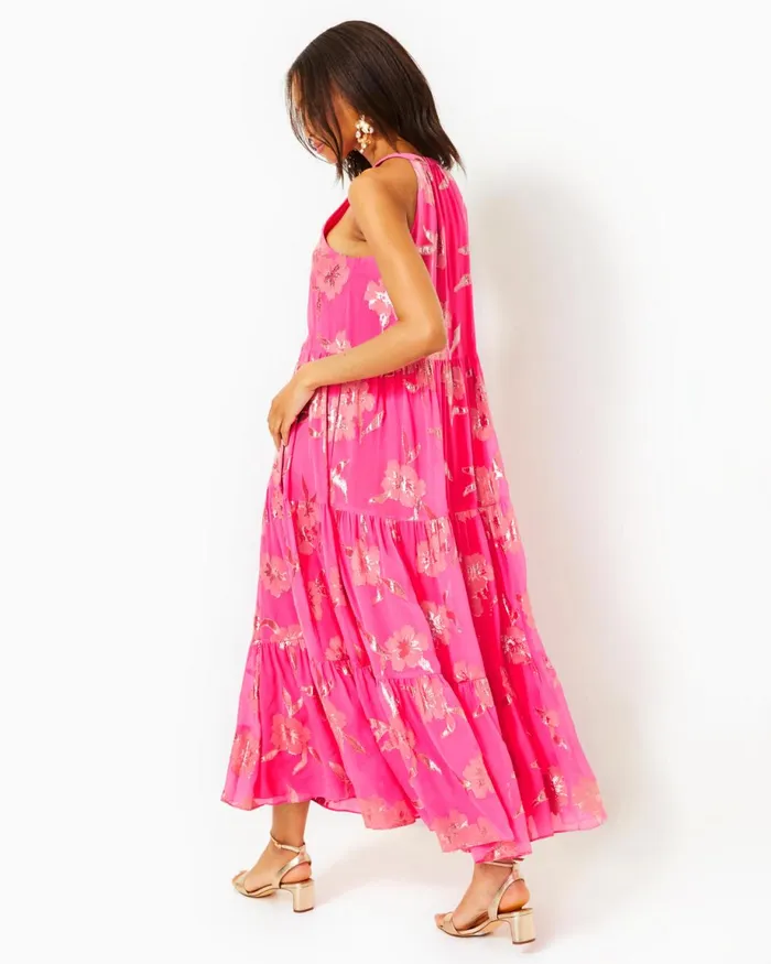Lilly Pulitzer Beccalyn Halter Maxi Dress Roxie Pink Anniversary Silk Clip Women Swing Dresses