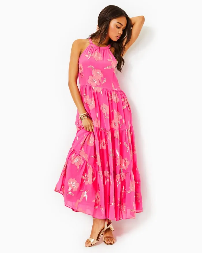 Lilly Pulitzer Beccalyn Halter Maxi Dress Roxie Pink Anniversary Silk Clip Women Swing Dresses
