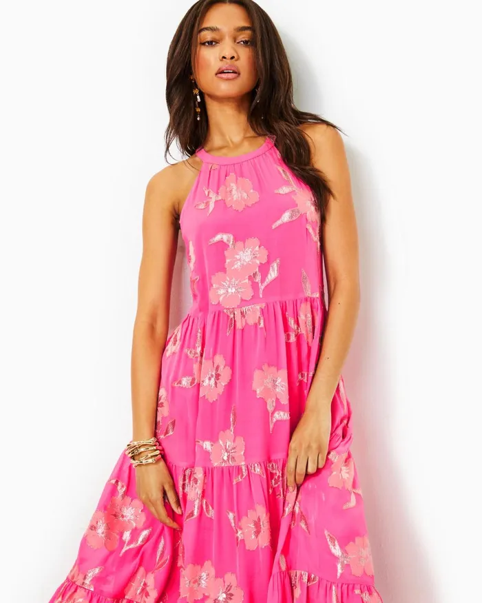 Lilly Pulitzer Beccalyn Halter Maxi Dress Roxie Pink Anniversary Silk Clip Women Swing Dresses