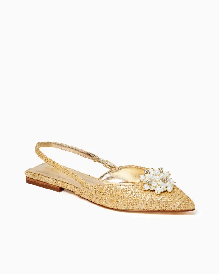 Lilly Pulitzer Brit Straw Slingback Shoe Gold Metallic Women Shoes